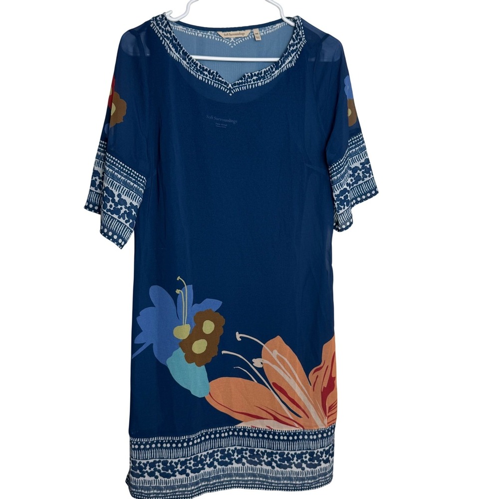 Soft Surroundings Petite XS Blue Floral Sheer Overlay Dress Lined Hibiscus - Picture 1 of 10